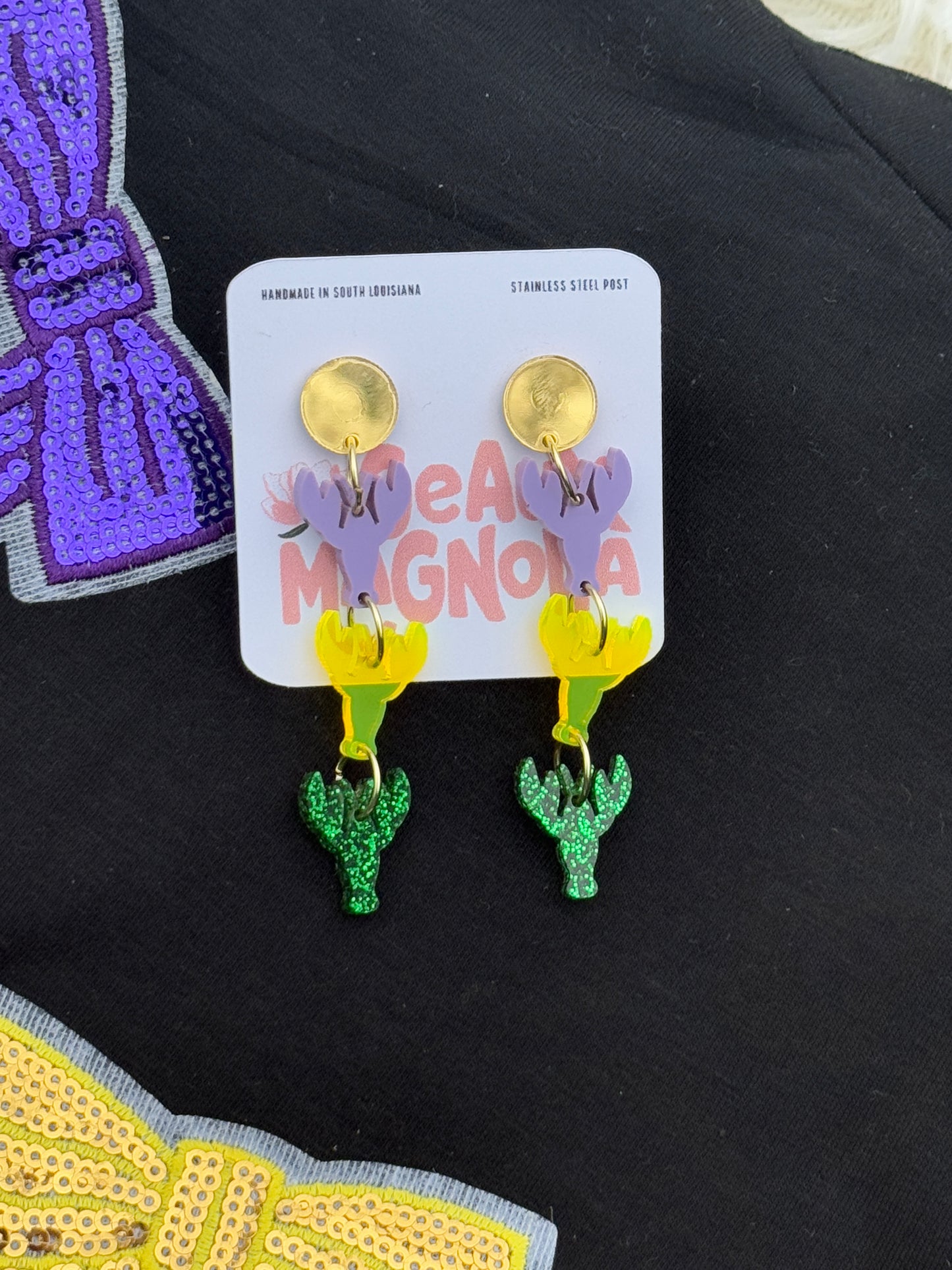 Mardi Gras Triple Crawfish Dangle Earrings