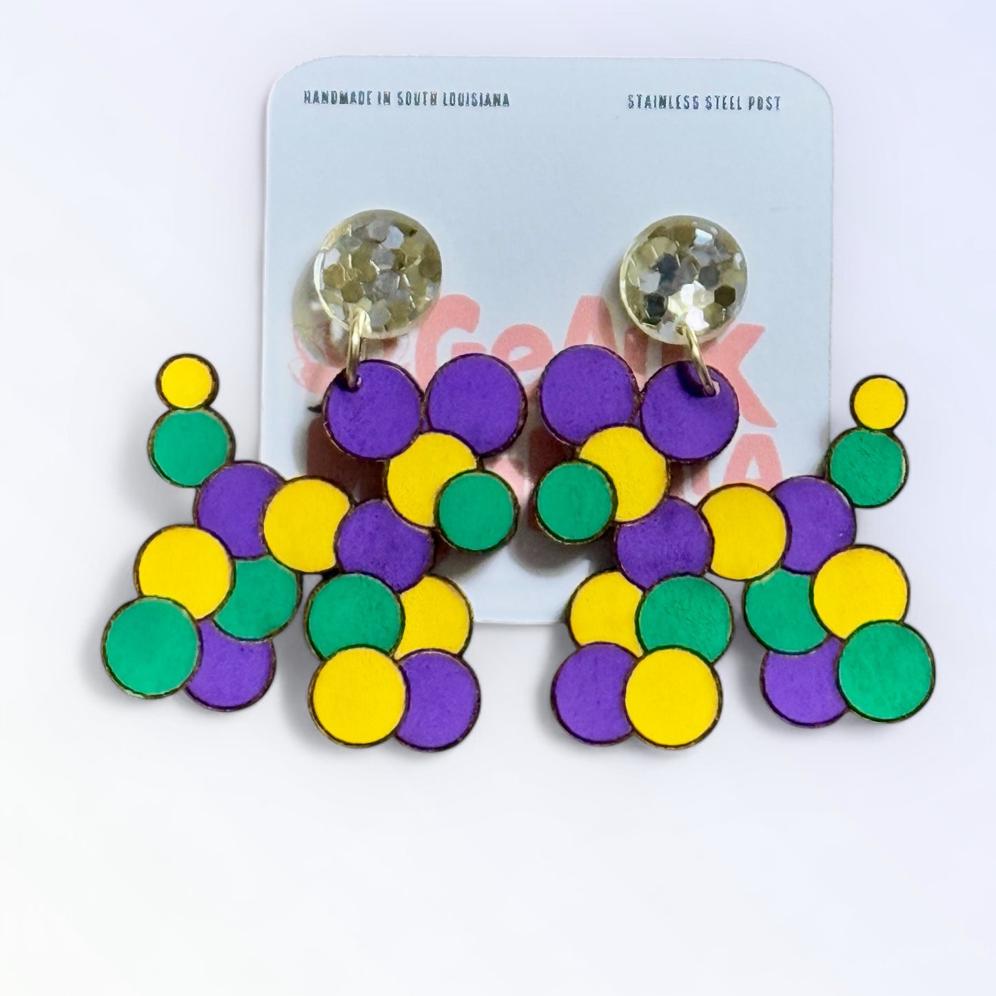 Mardi Gras Bead Dog Dangle Earrings Purple Green and Gold