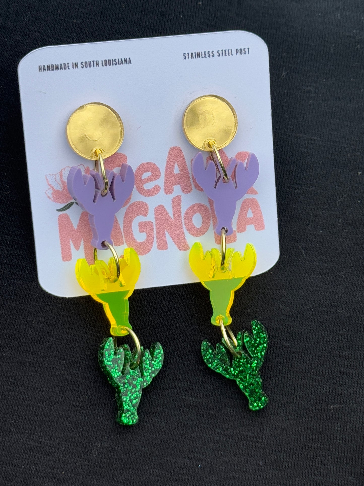 Mardi Gras Triple Crawfish Dangle Earrings