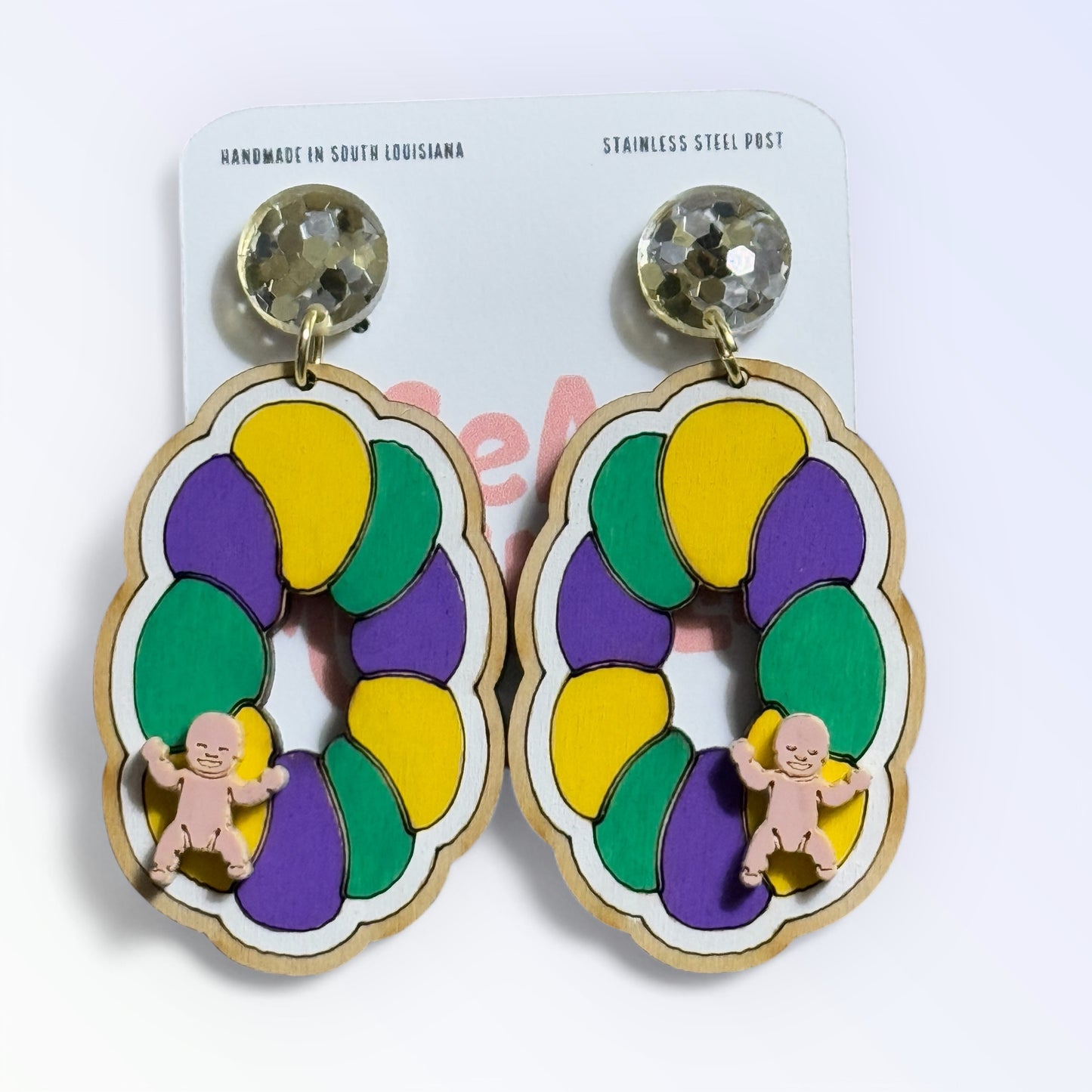 Mardi Gras King Cake with Baby Dangle Earrings