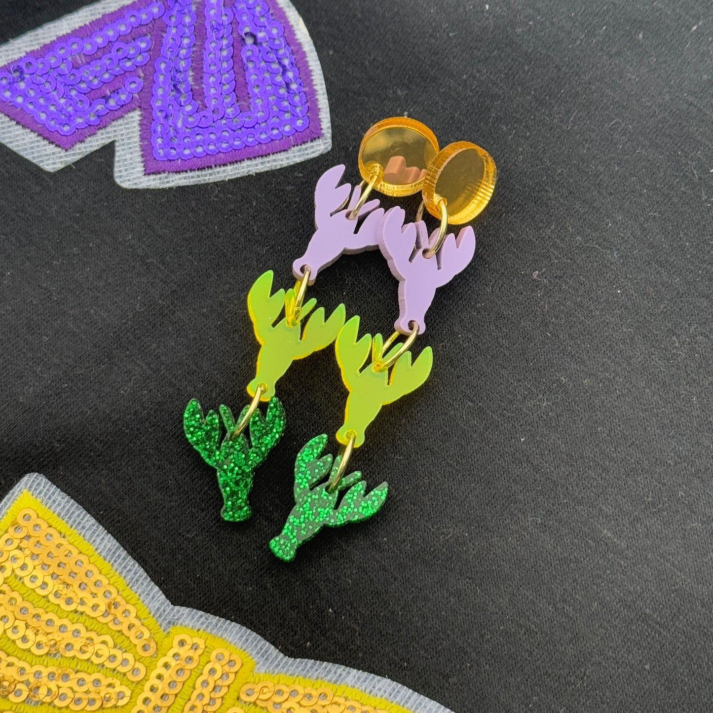 Mardi Gras Triple Crawfish Dangle Earrings