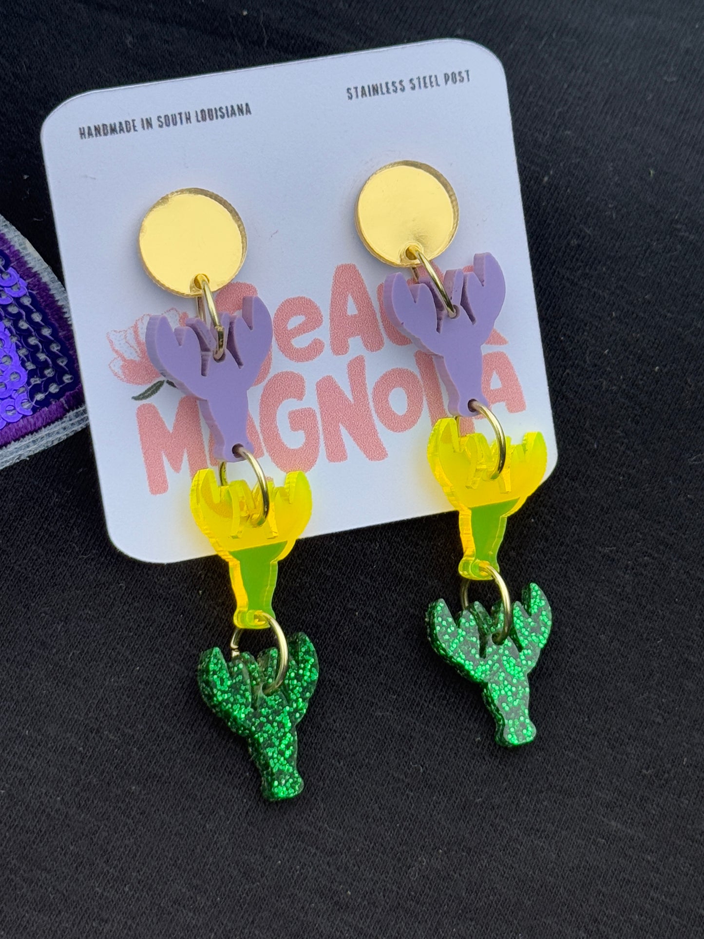 Mardi Gras Triple Crawfish Dangle Earrings