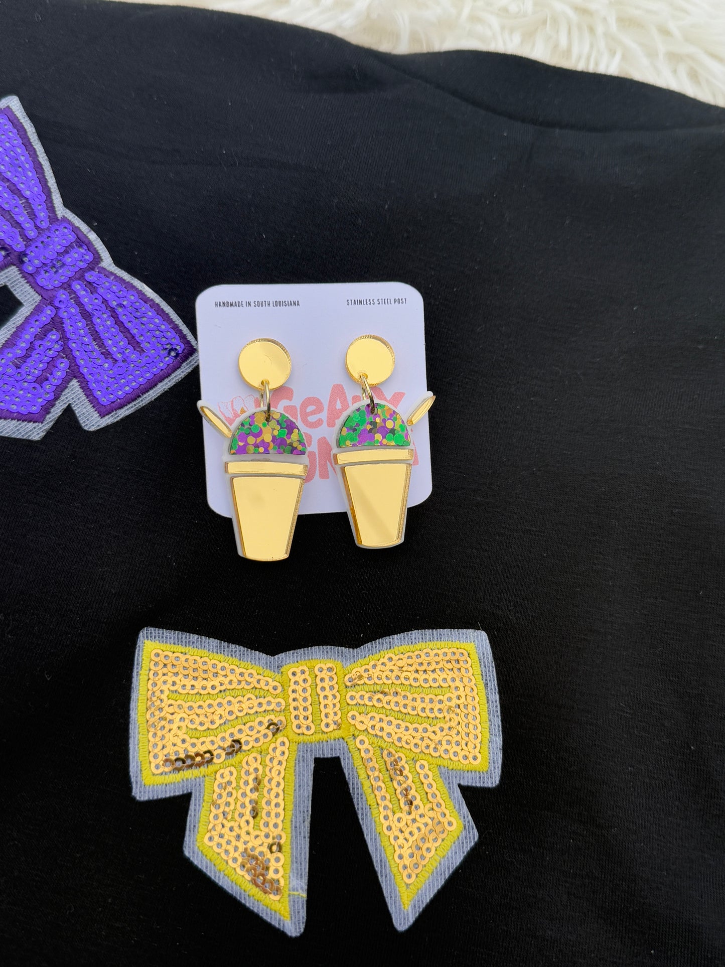 Mardi Gras Snowball Dangle Earrings