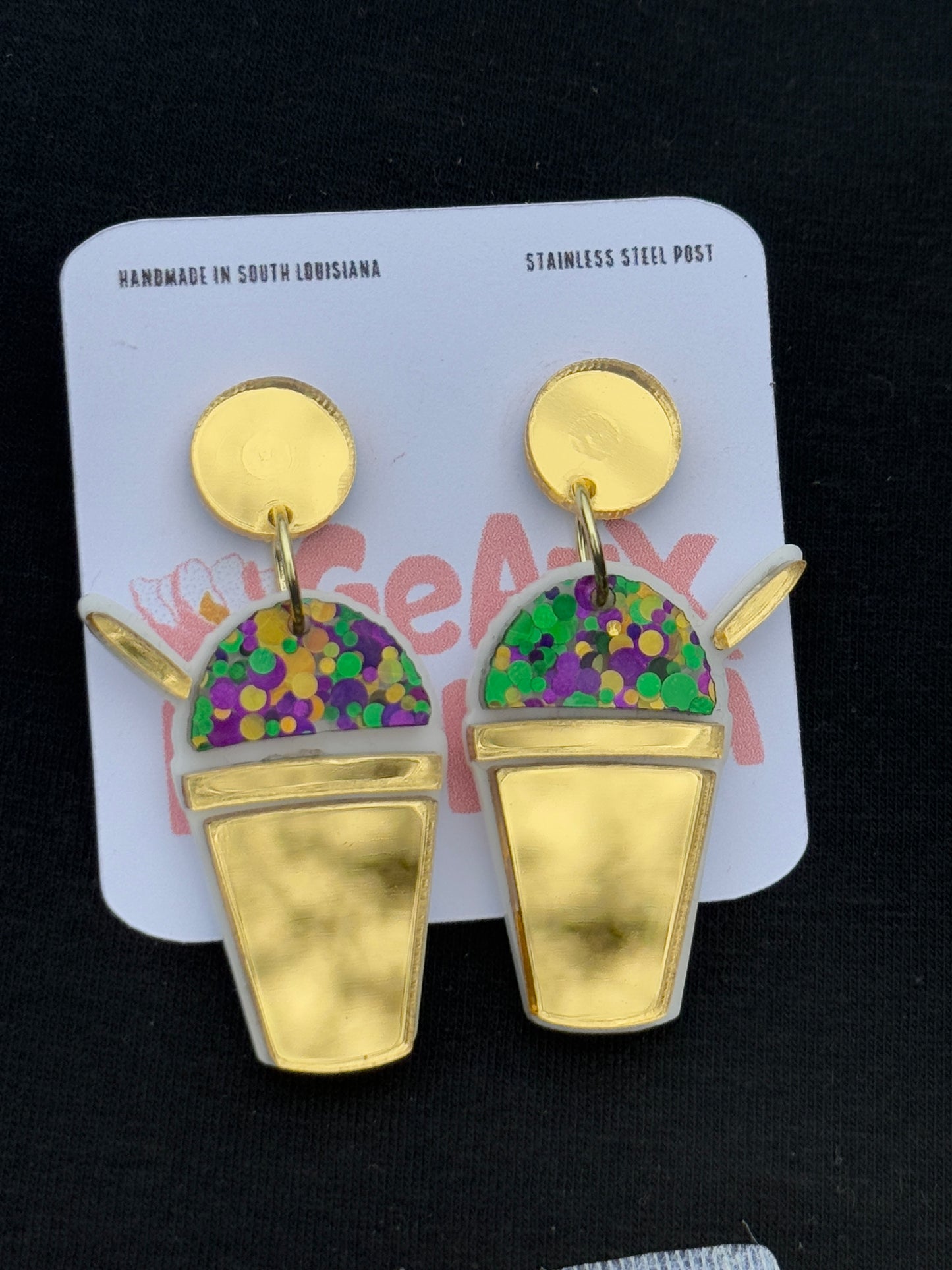 Mardi Gras Snowball Dangle Earrings