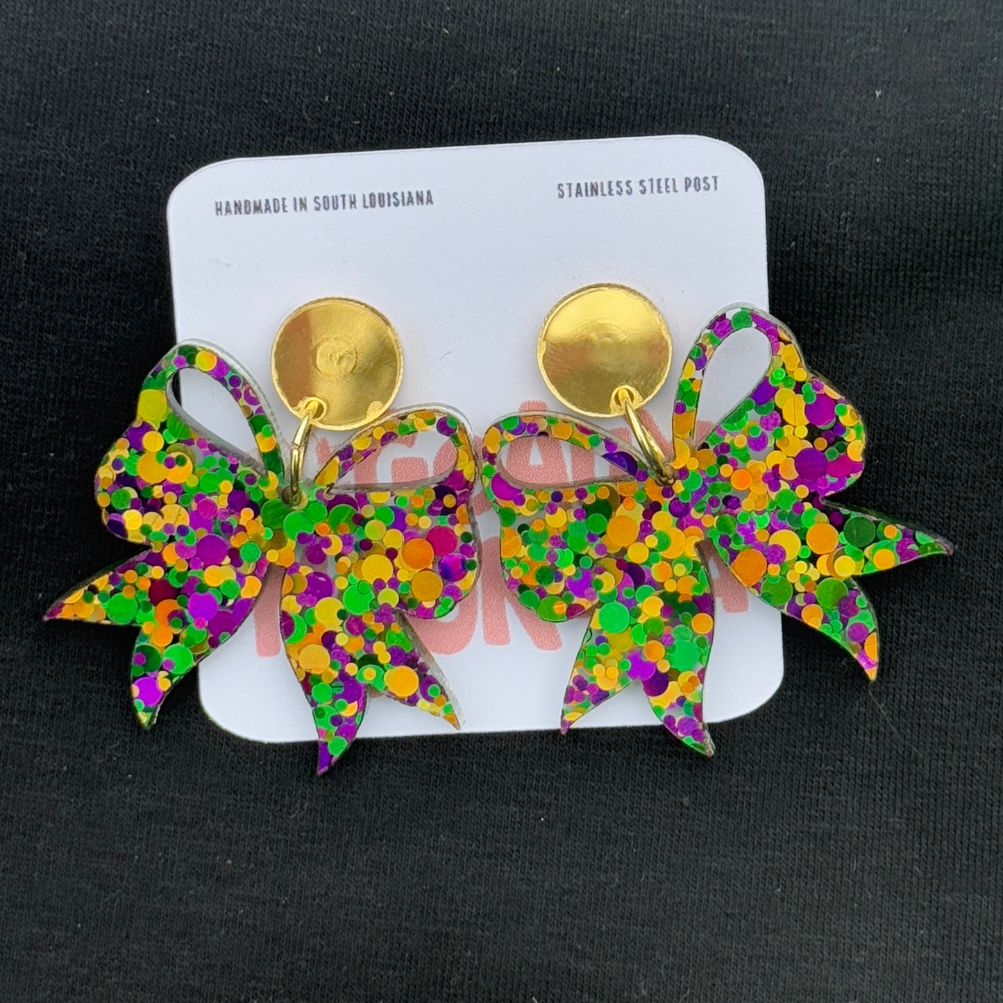 Mardi Gras Coquette Bow Dangle Earrings