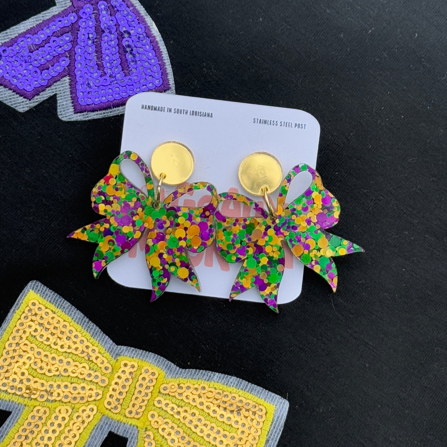 Mardi Gras Coquette Bow Dangle Earrings