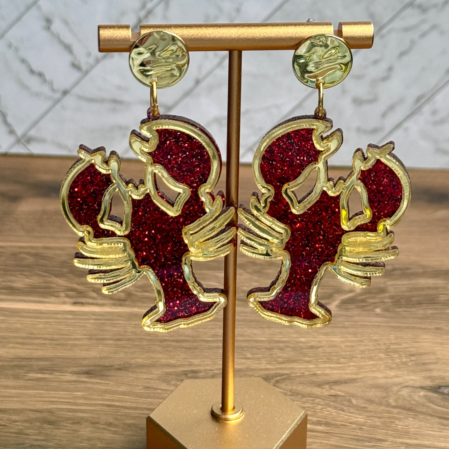 Crawfish Earrings Red and Gold Dangle