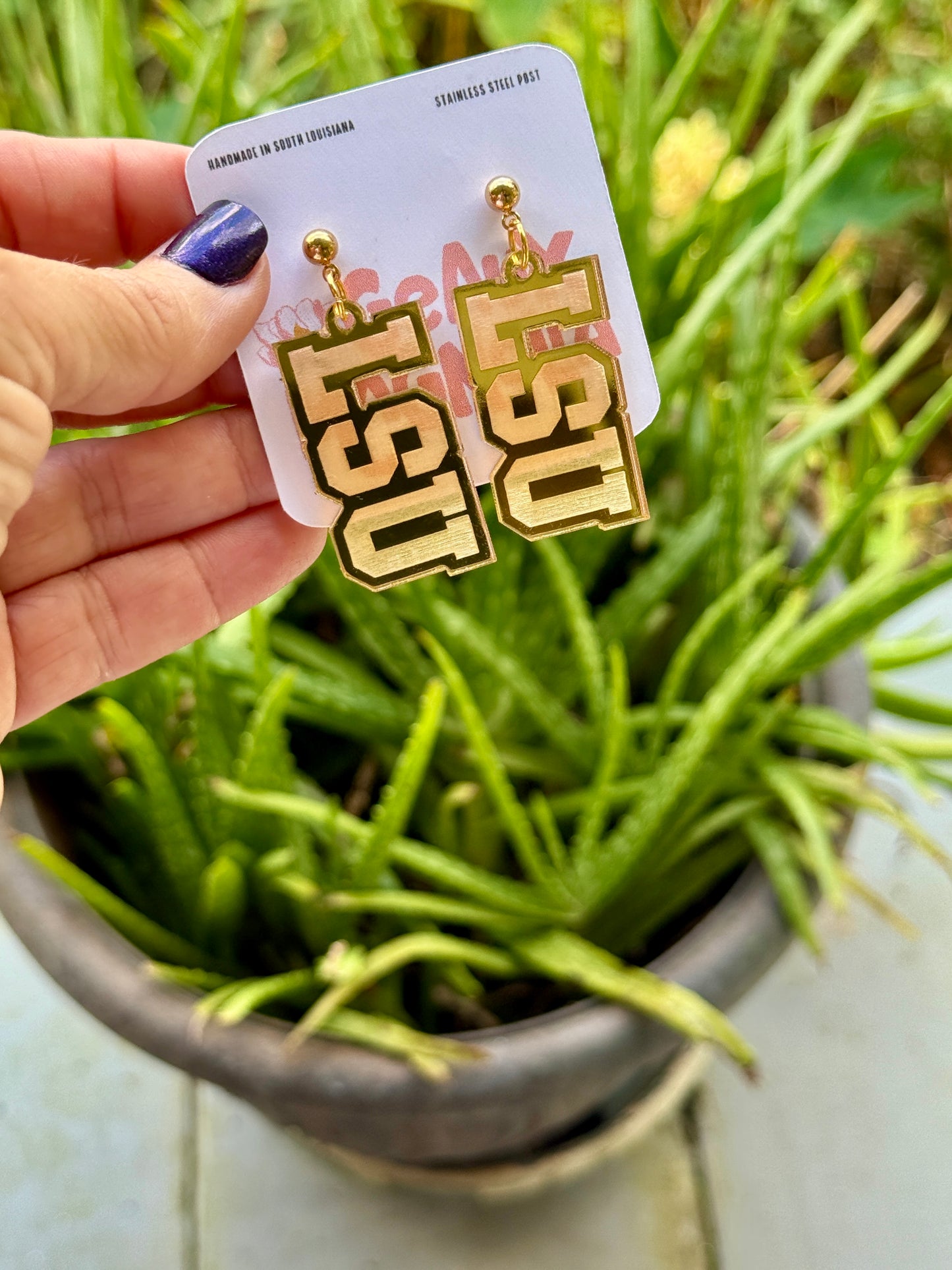 LSU Mirrored Acrylic Dangle Earrings Gold Purple
