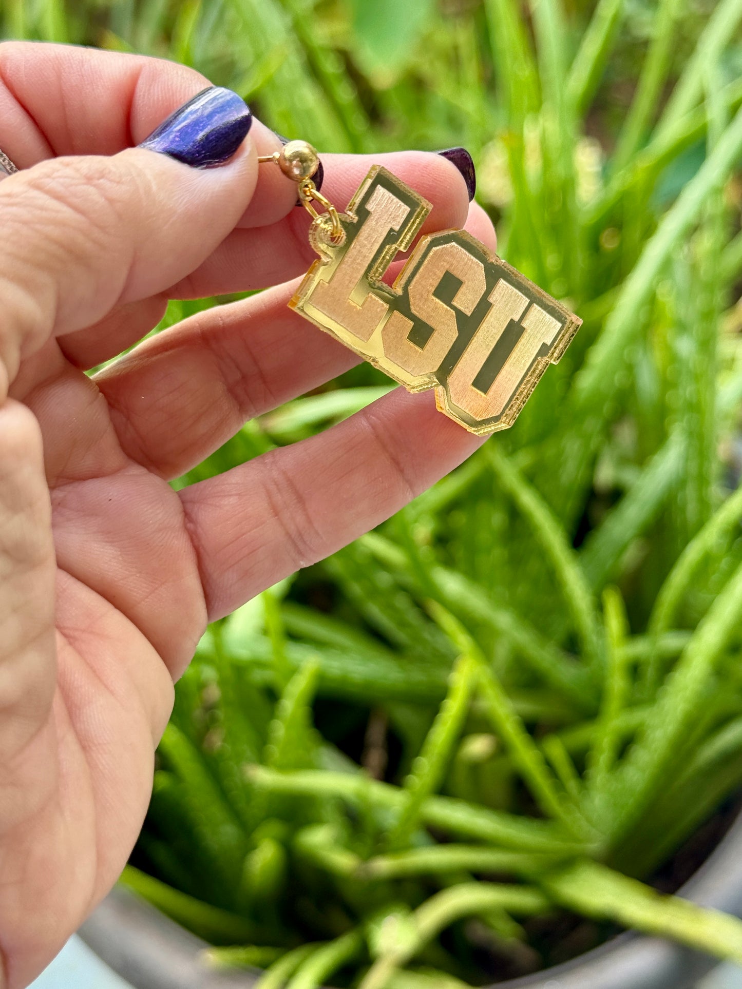 LSU Mirrored Acrylic Dangle Earrings Gold Purple