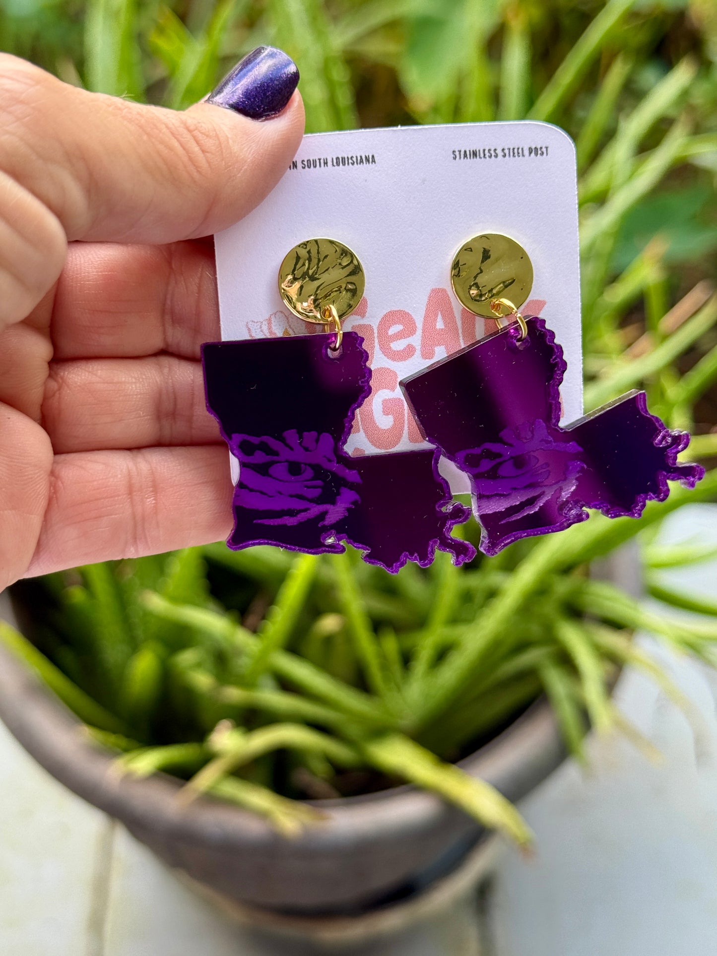 Eye of the Tiger Louisiana Mirrored Acrylic Dangle Earrings Gold Purple