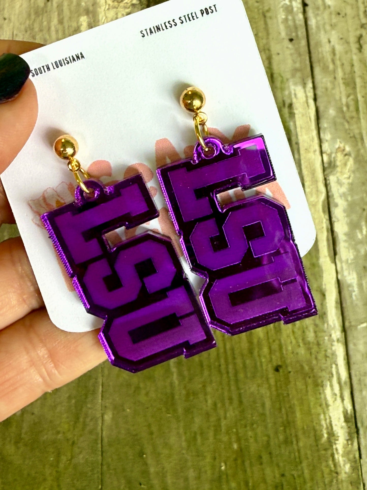 LSU Mirrored Acrylic Dangle Earrings Gold Purple