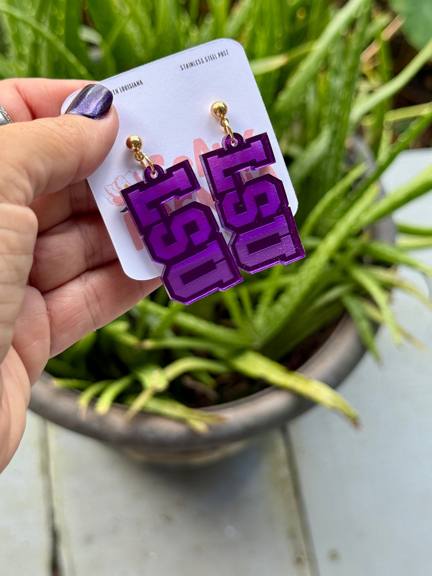 LSU Mirrored Acrylic Dangle Earrings Gold Purple