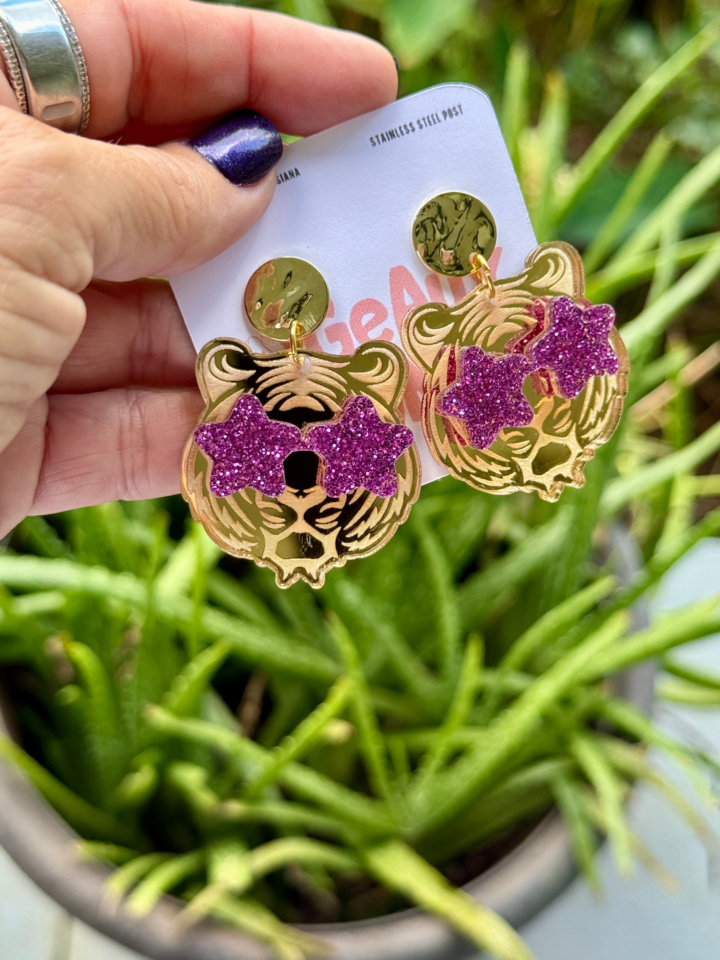 Tiger with Star Glitter Sunglasses Dangle Earrings LSU