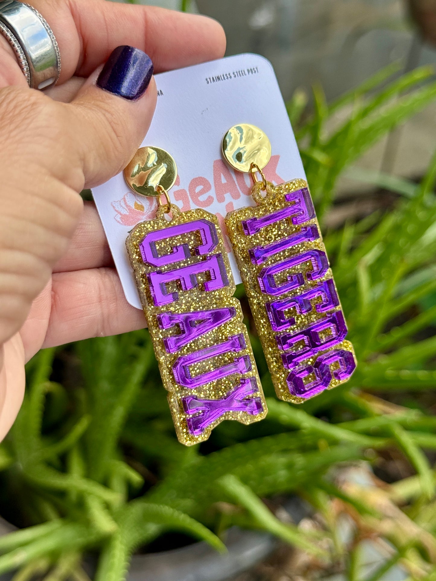 Geaux Tigers Layered Mirror & Glitter Dangle Earrings LSU