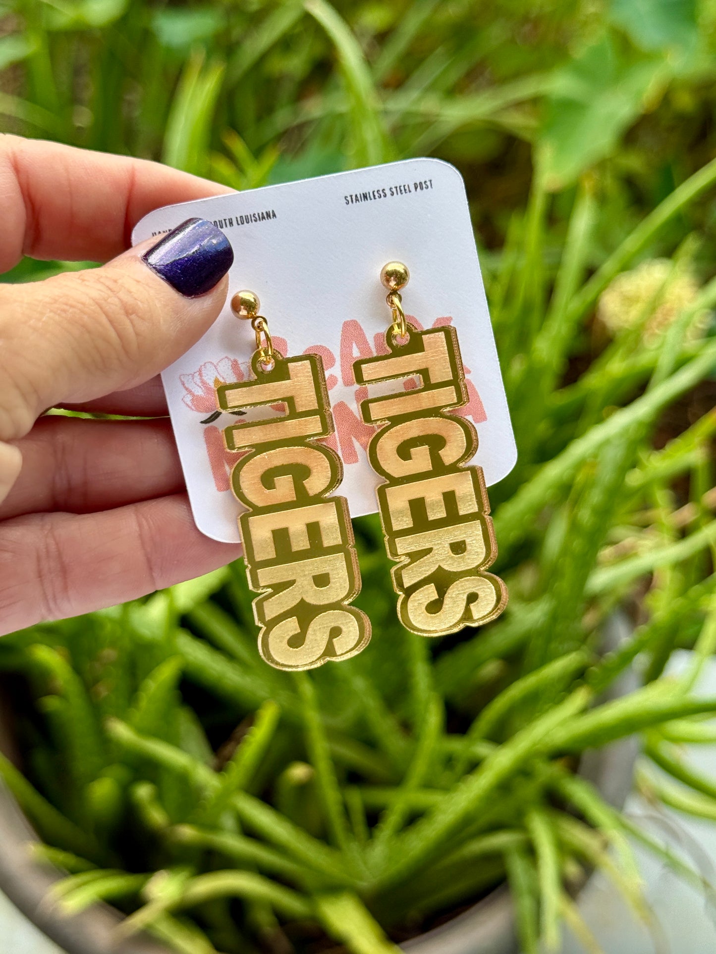 Tigers Mirrored Acrylic Dangle Earrings Gold Purple