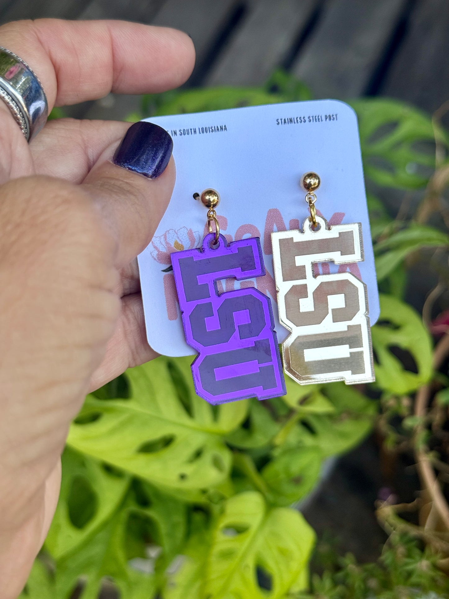 LSU Mirrored Acrylic Dangle Earrings Gold Purple