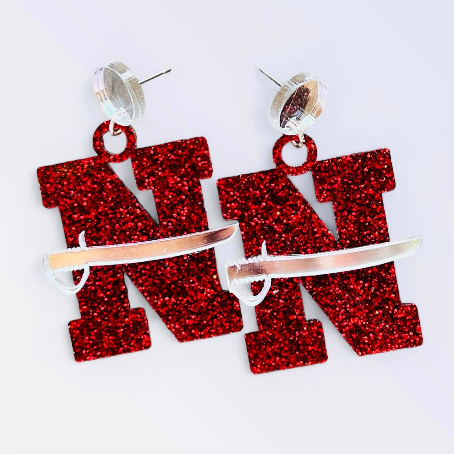 Red N with Silver Sword Logo Dangle Earrings