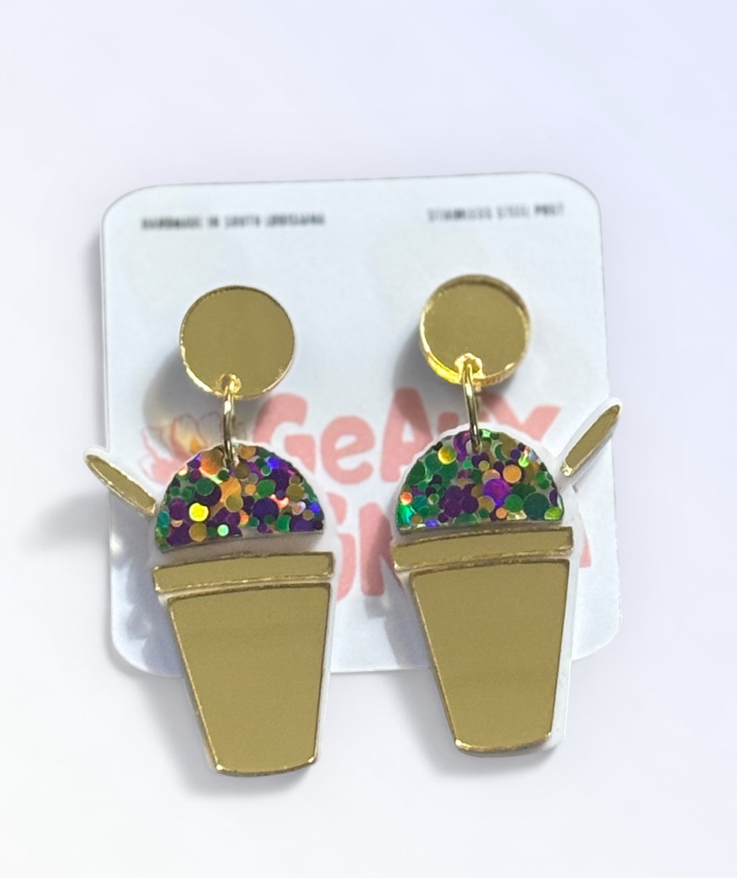 Mardi Gras Snowball Dangle Earrings