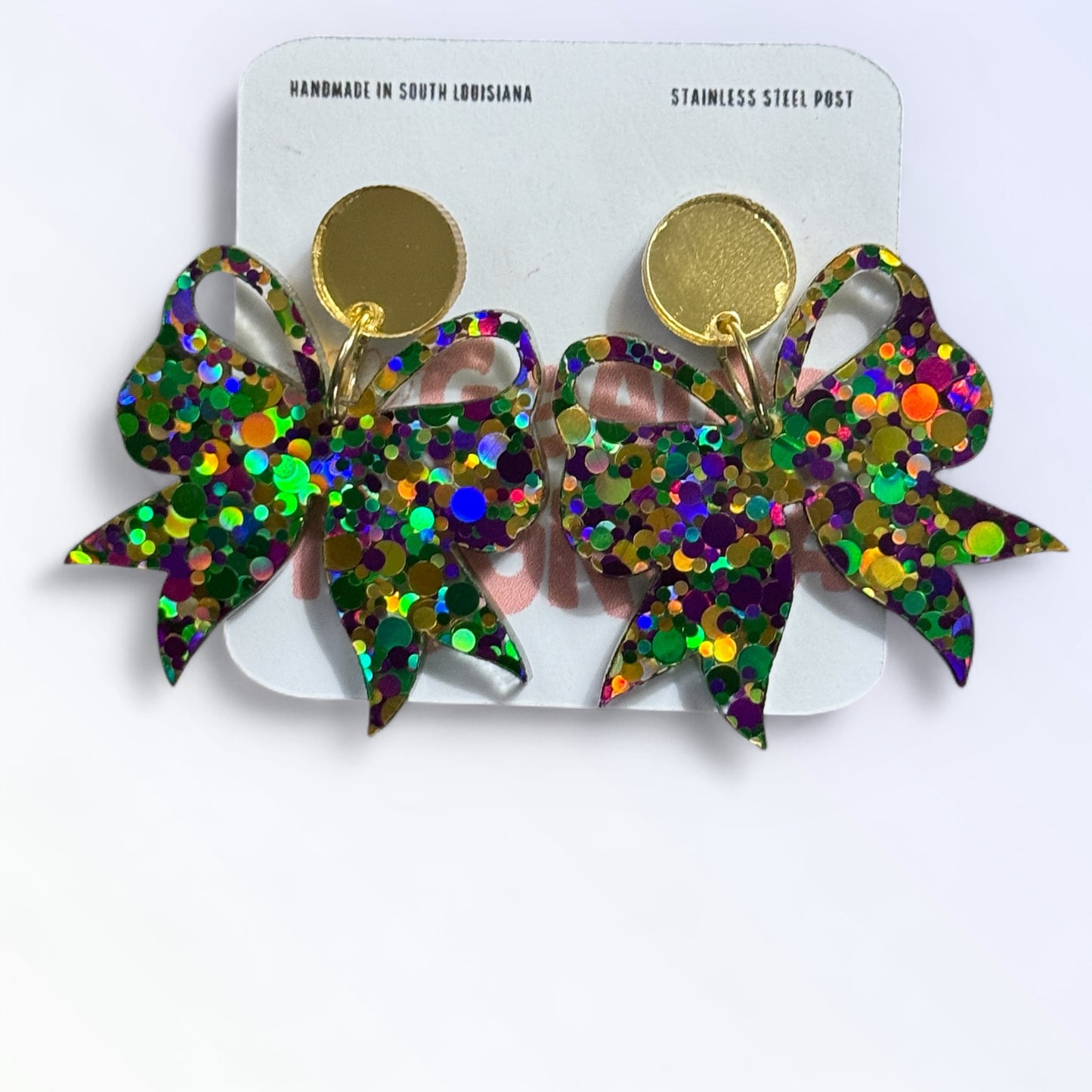 Mardi Gras Coquette Bow Dangle Earrings