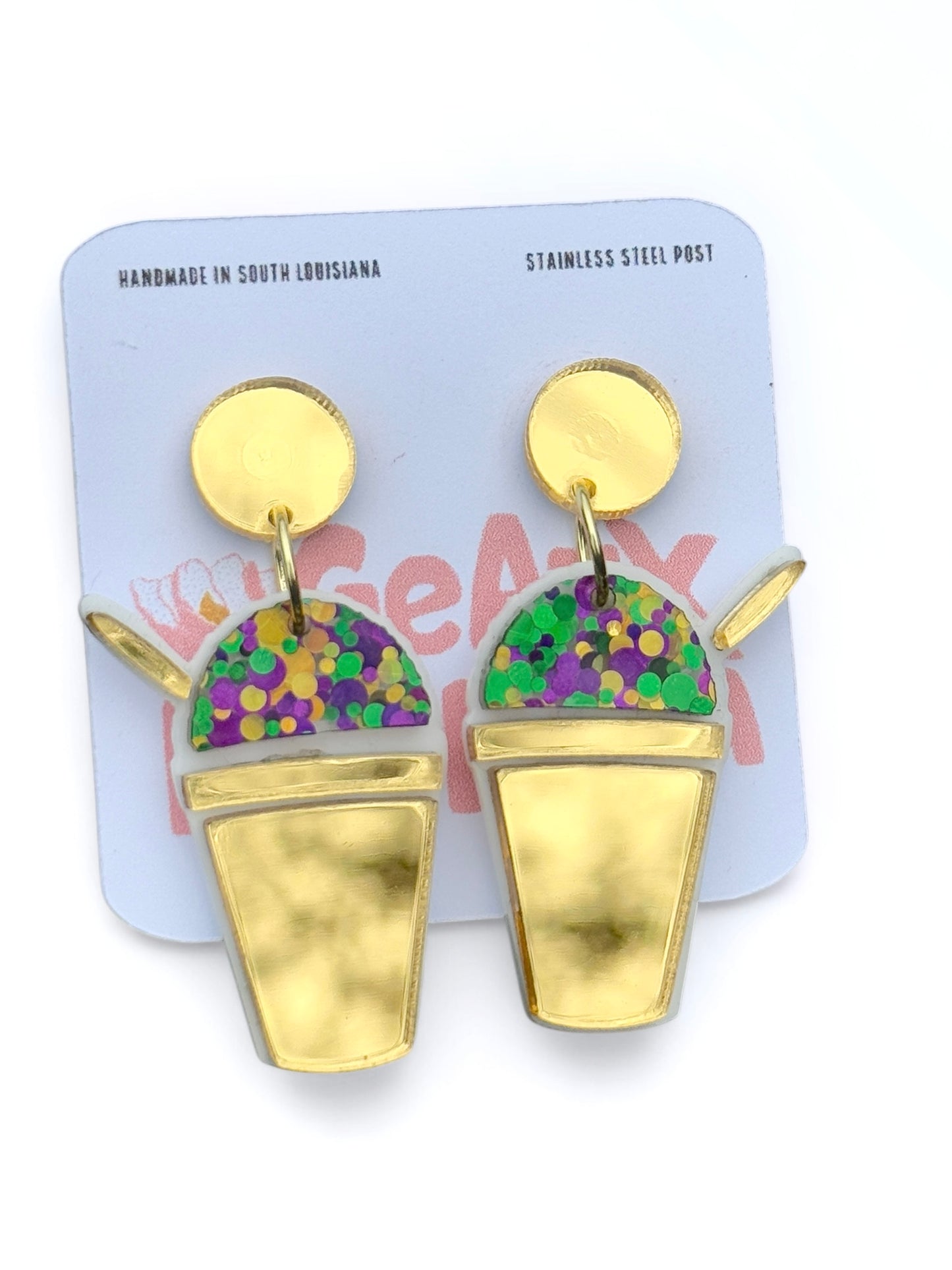 Mardi Gras Snowball Dangle Earrings
