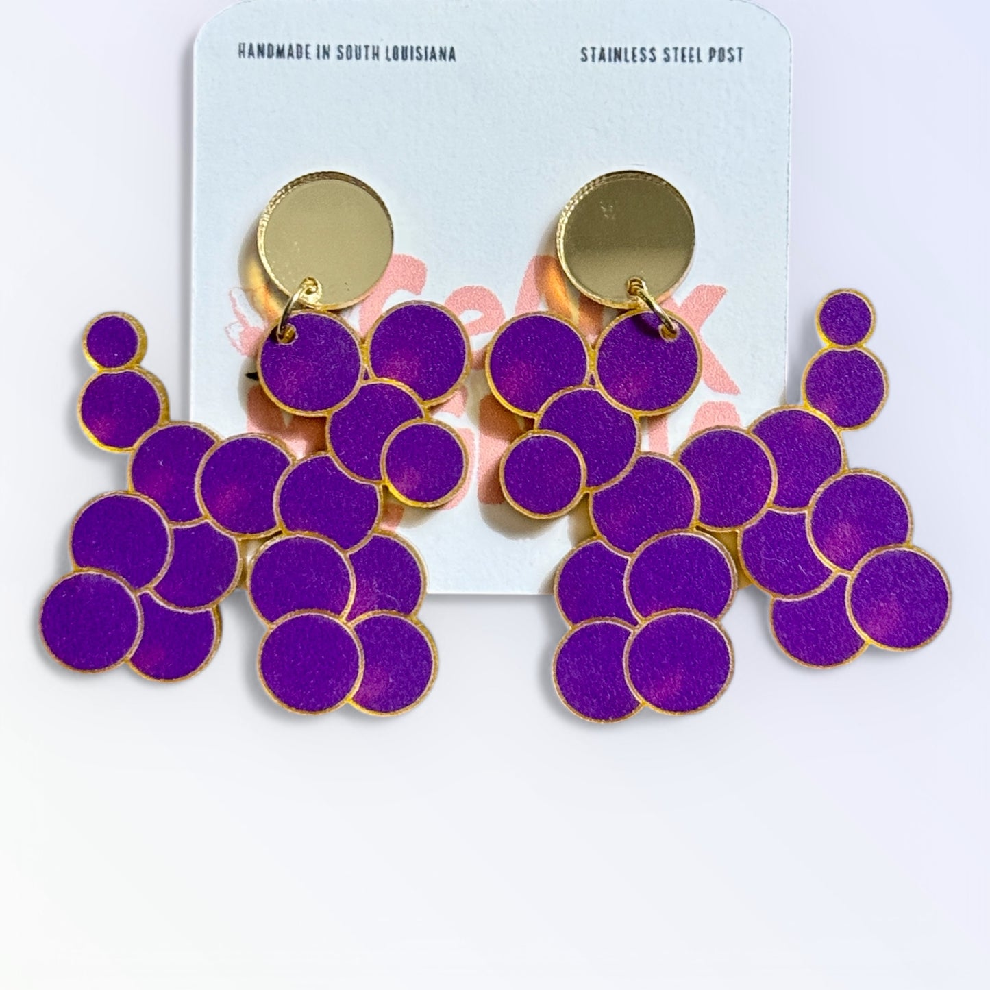 Mardi Gras Bead Dog Dangle Earrings Purple and Gold Acrylic