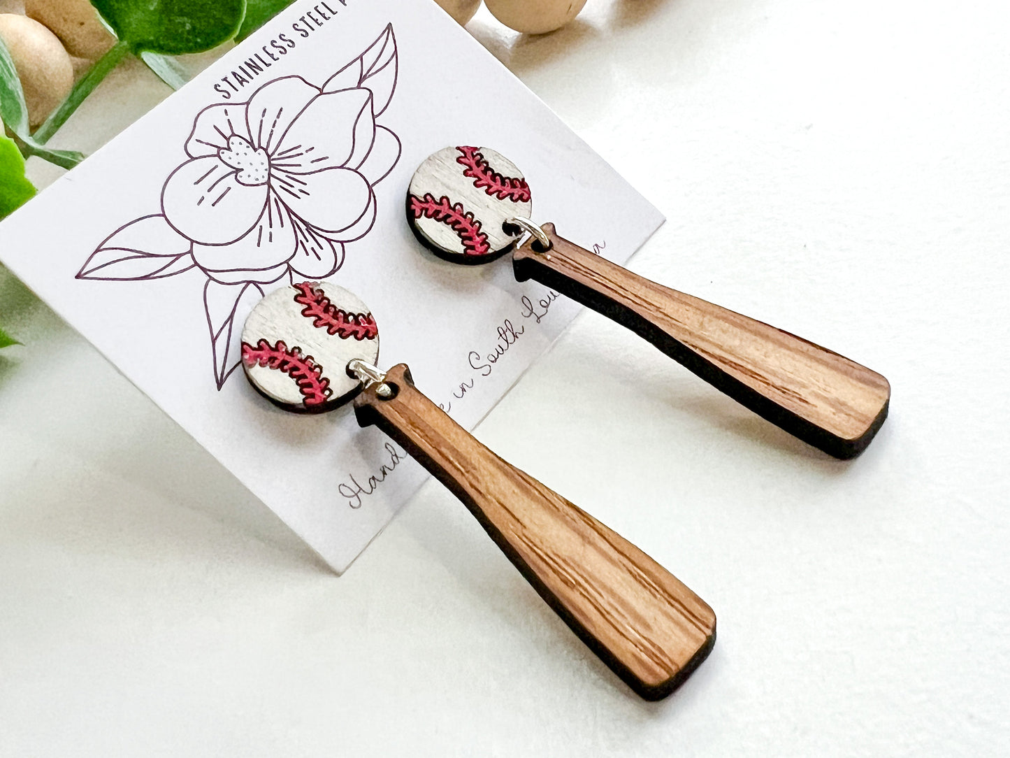 Baseball or Softball with Bat Dangle Earrings