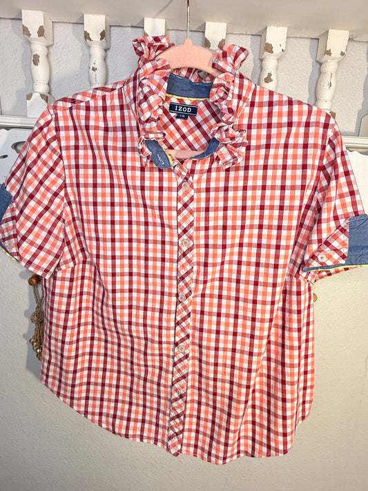 Reworked Red & Orange Plaid w/ Contrasting Cuff Sleeves Izod Button Down