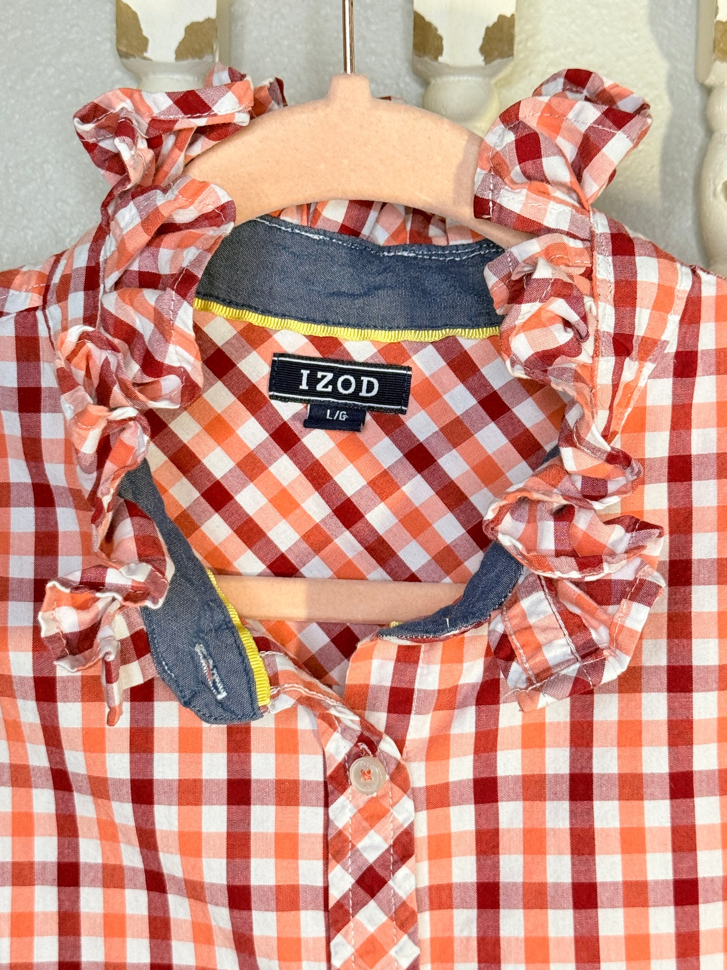 Reworked Red & Orange Plaid w/ Contrasting Cuff Sleeves Izod Button Down