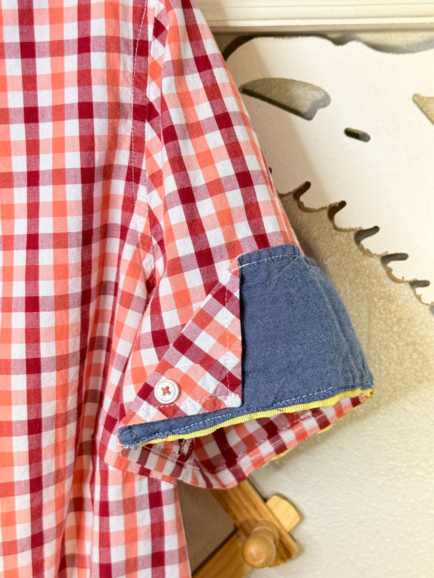 Reworked Red & Orange Plaid w/ Contrasting Cuff Sleeves Izod Button Down