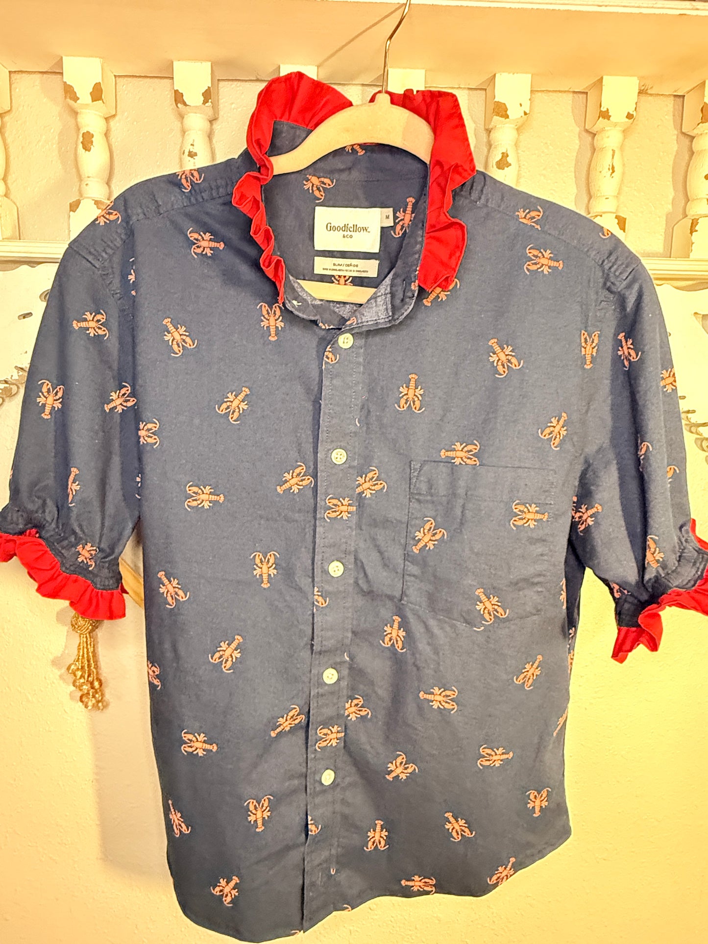 Reworked Navy Crawfish/Lobster with Red Collar Ruffle Button Down