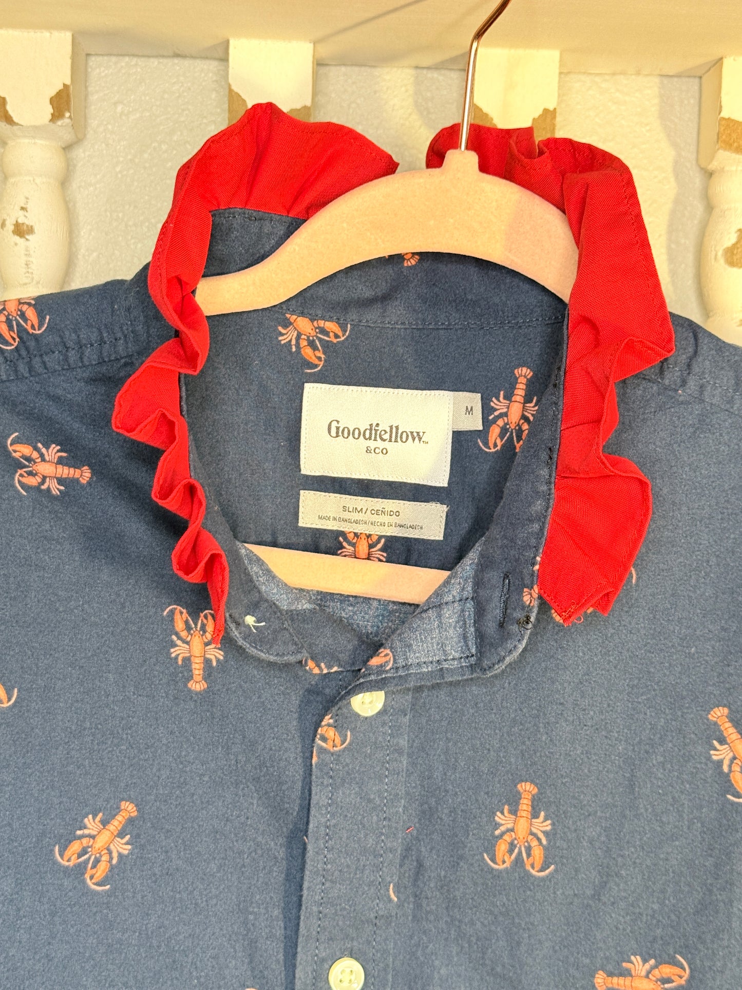 Reworked Navy Crawfish/Lobster with Red Collar Ruffle Button Down