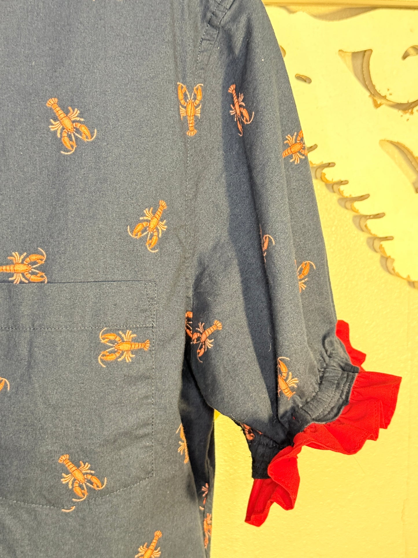Reworked Navy Crawfish/Lobster with Red Collar Ruffle Button Down