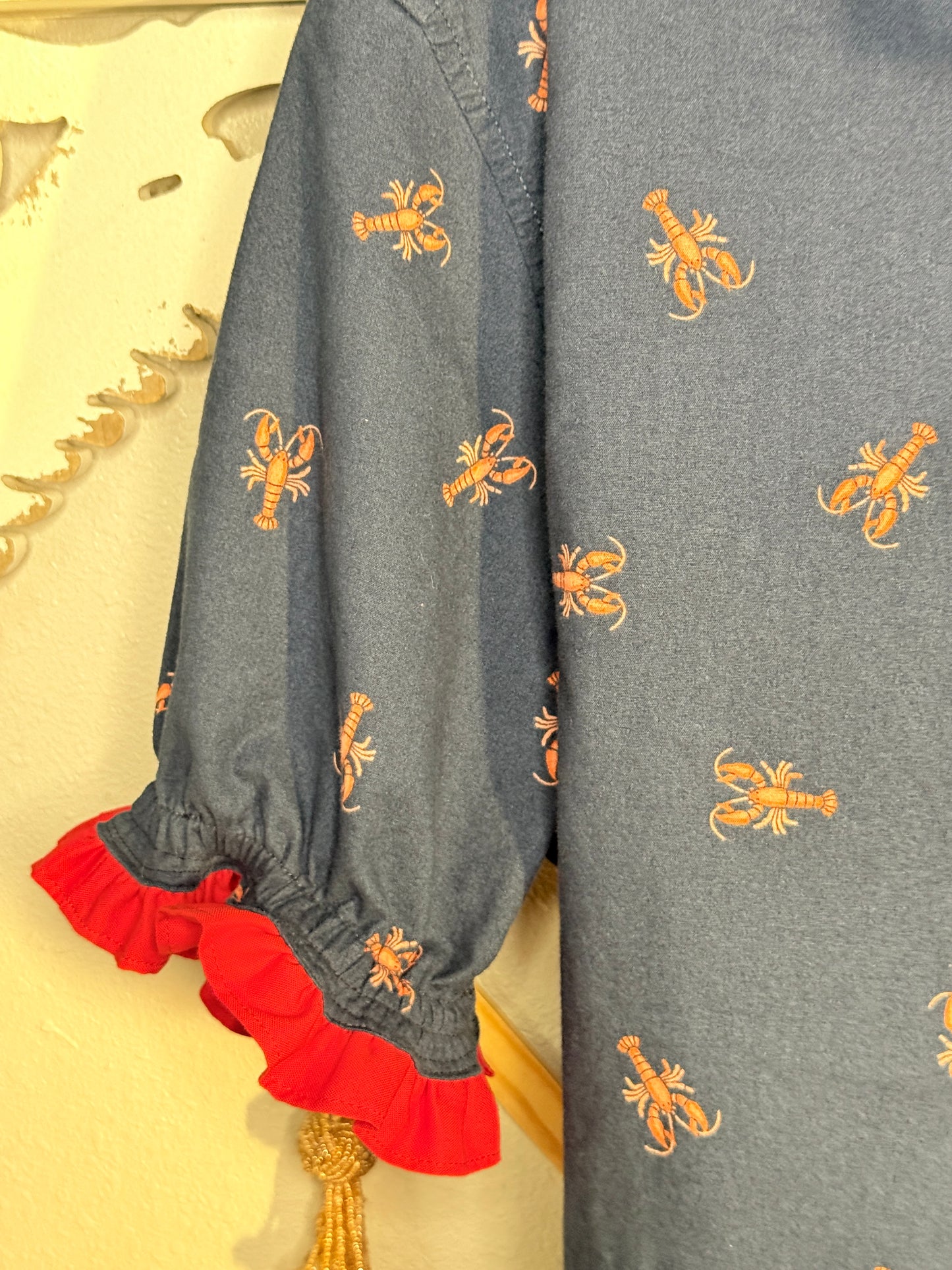 Reworked Navy Crawfish/Lobster with Red Collar Ruffle Button Down