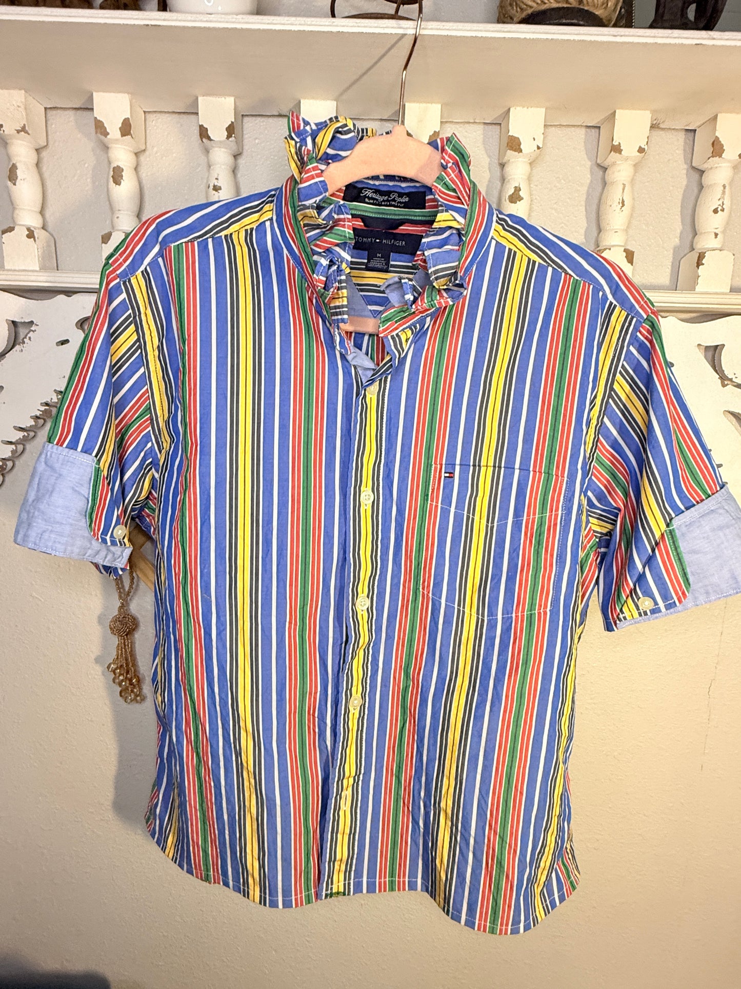 Reworked Multi-Color Stripe w/ Contrasting Cuff Sleeves Tommy Hilfiger Button Down
