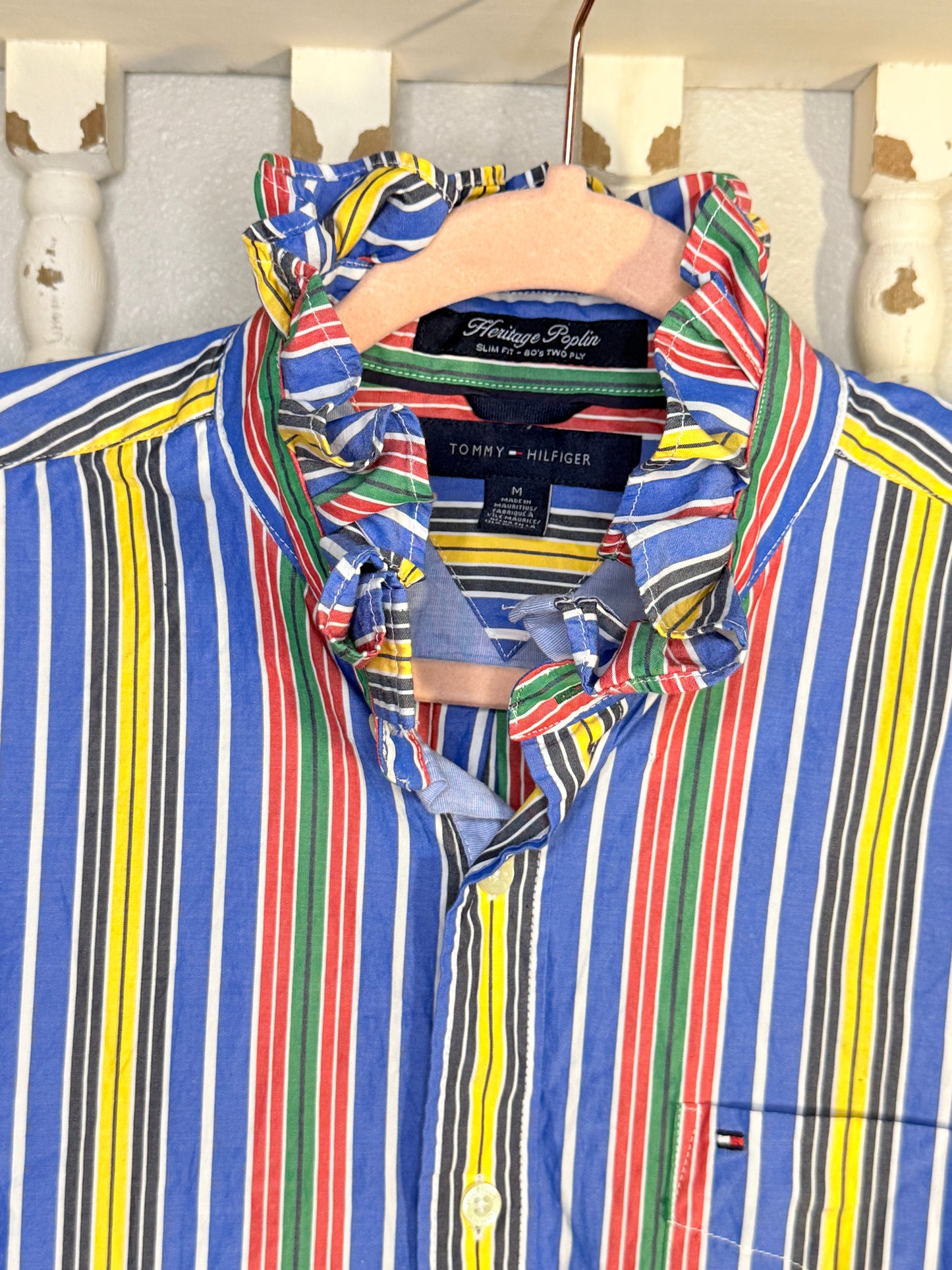 Reworked Multi-Color Stripe w/ Contrasting Cuff Sleeves Tommy Hilfiger Button Down