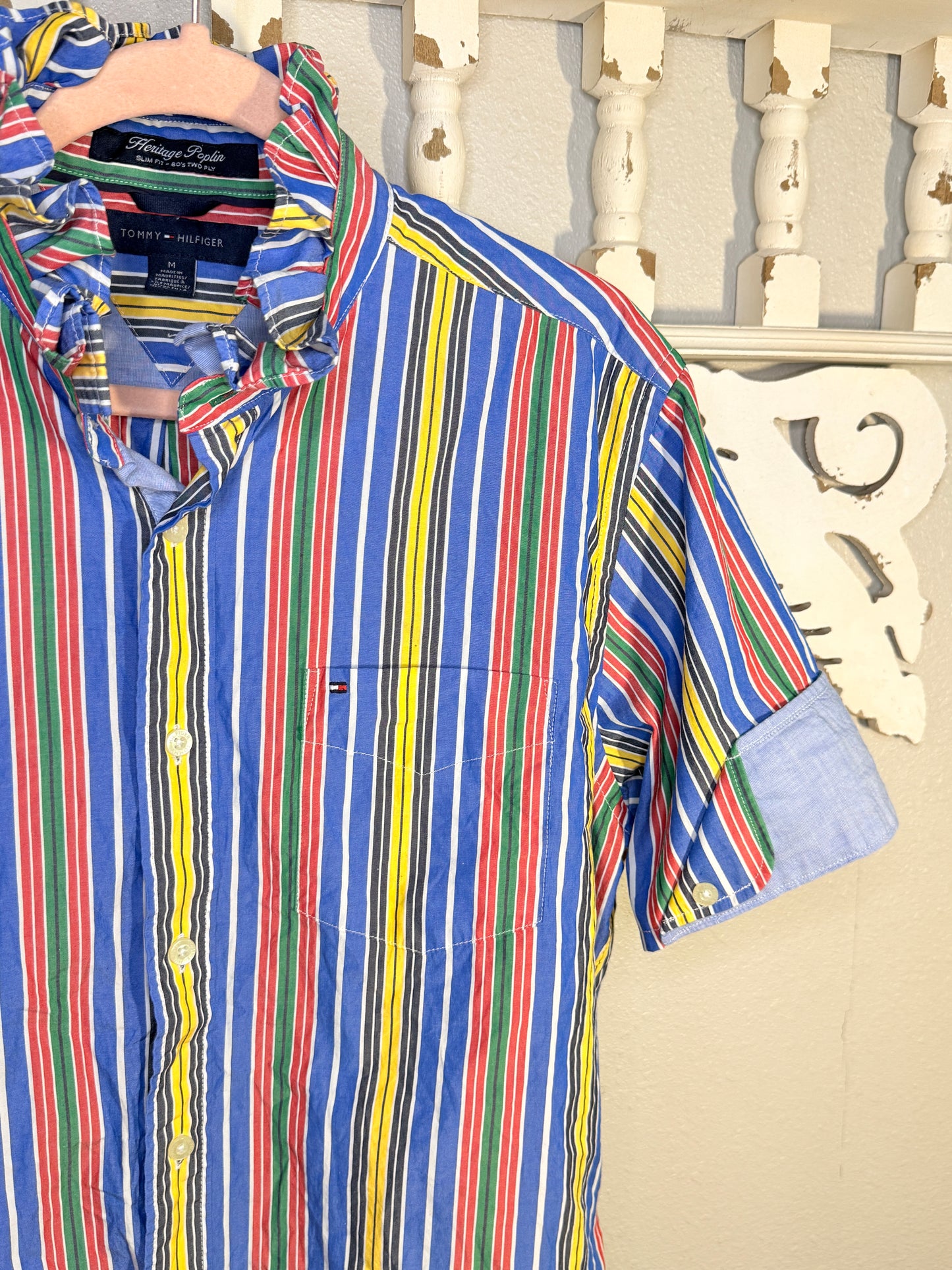 Reworked Multi-Color Stripe w/ Contrasting Cuff Sleeves Tommy Hilfiger Button Down
