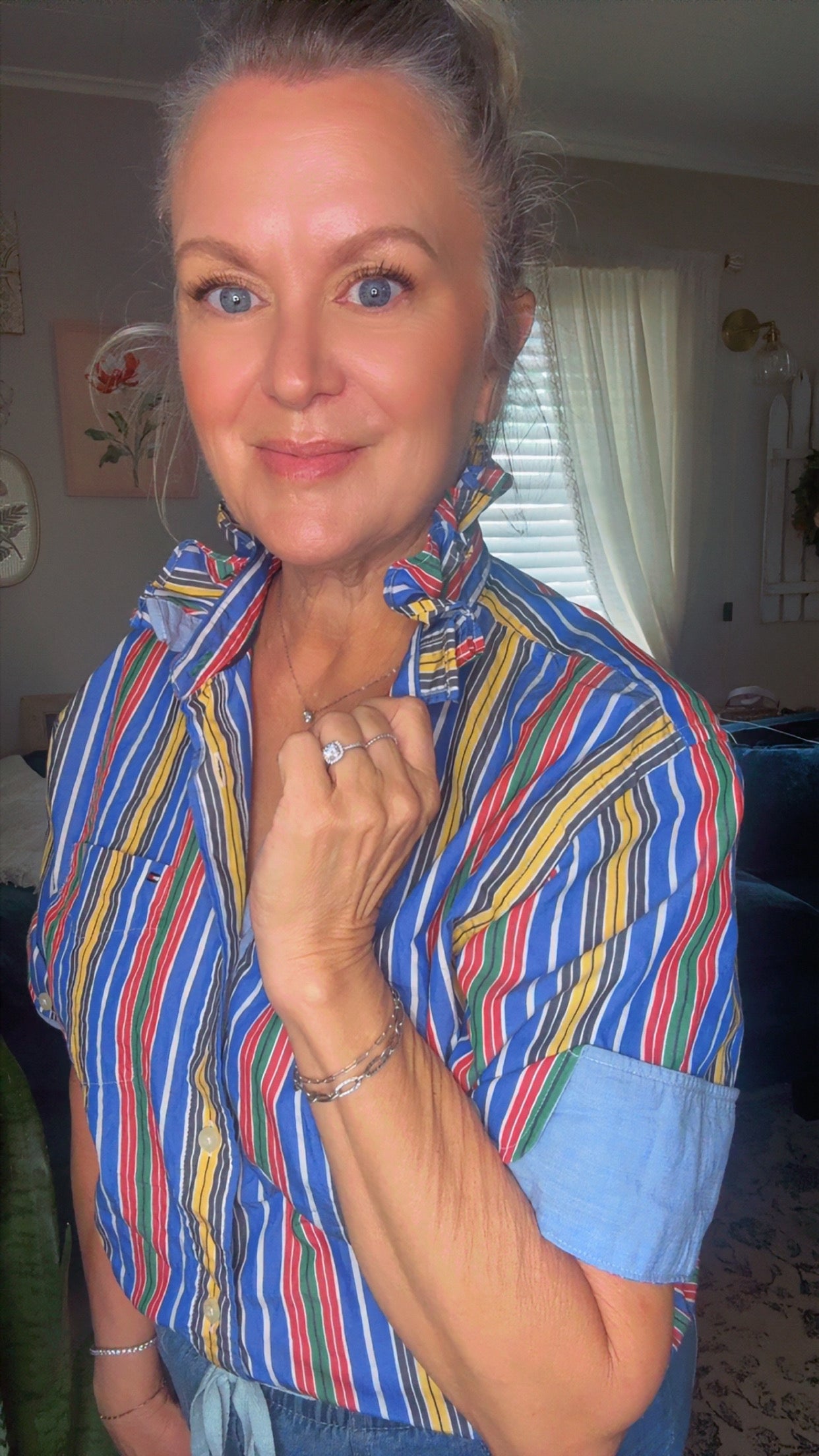 Reworked Multi-Color Stripe w/ Contrasting Cuff Sleeves Tommy Hilfiger Button Down