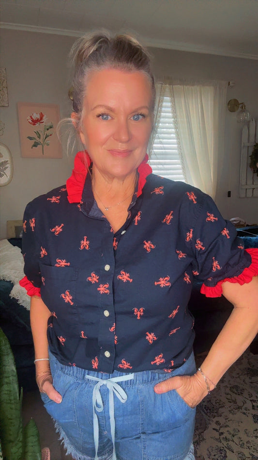 Reworked Navy Crawfish/Lobster with Red Collar Ruffle Button Down