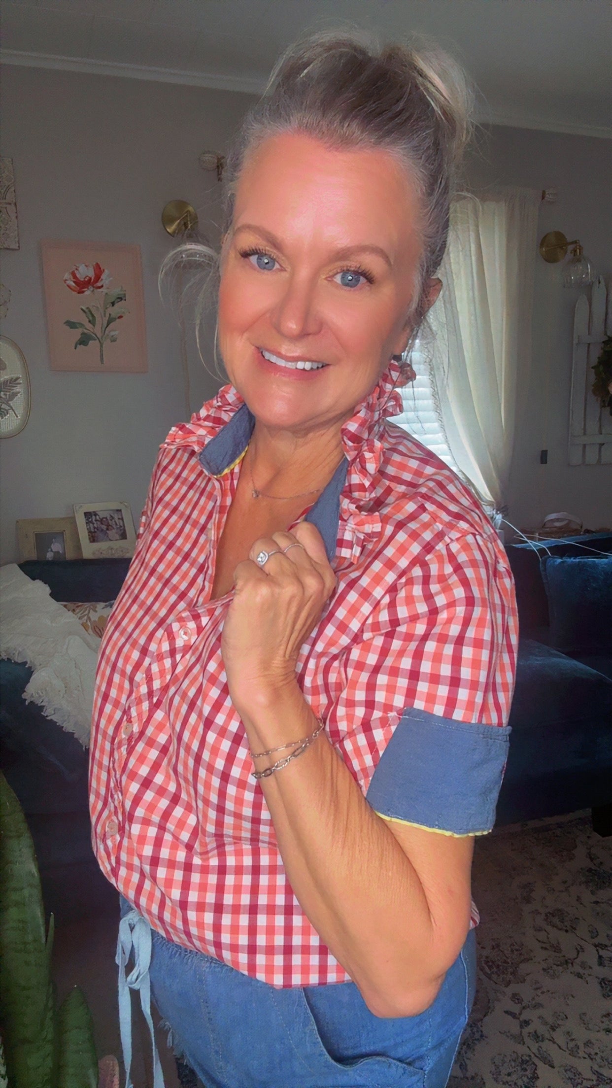 Reworked Red & Orange Plaid w/ Contrasting Cuff Sleeves Izod Button Down