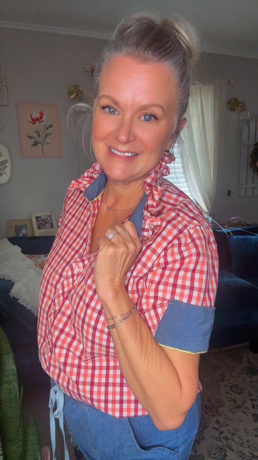 Reworked Red & Orange Plaid w/ Contrasting Cuff Sleeves Izod Button Down
