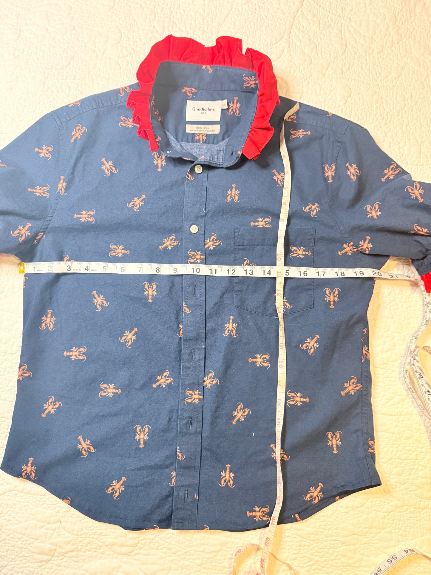 Reworked Navy Crawfish/Lobster with Red Collar Ruffle Button Down