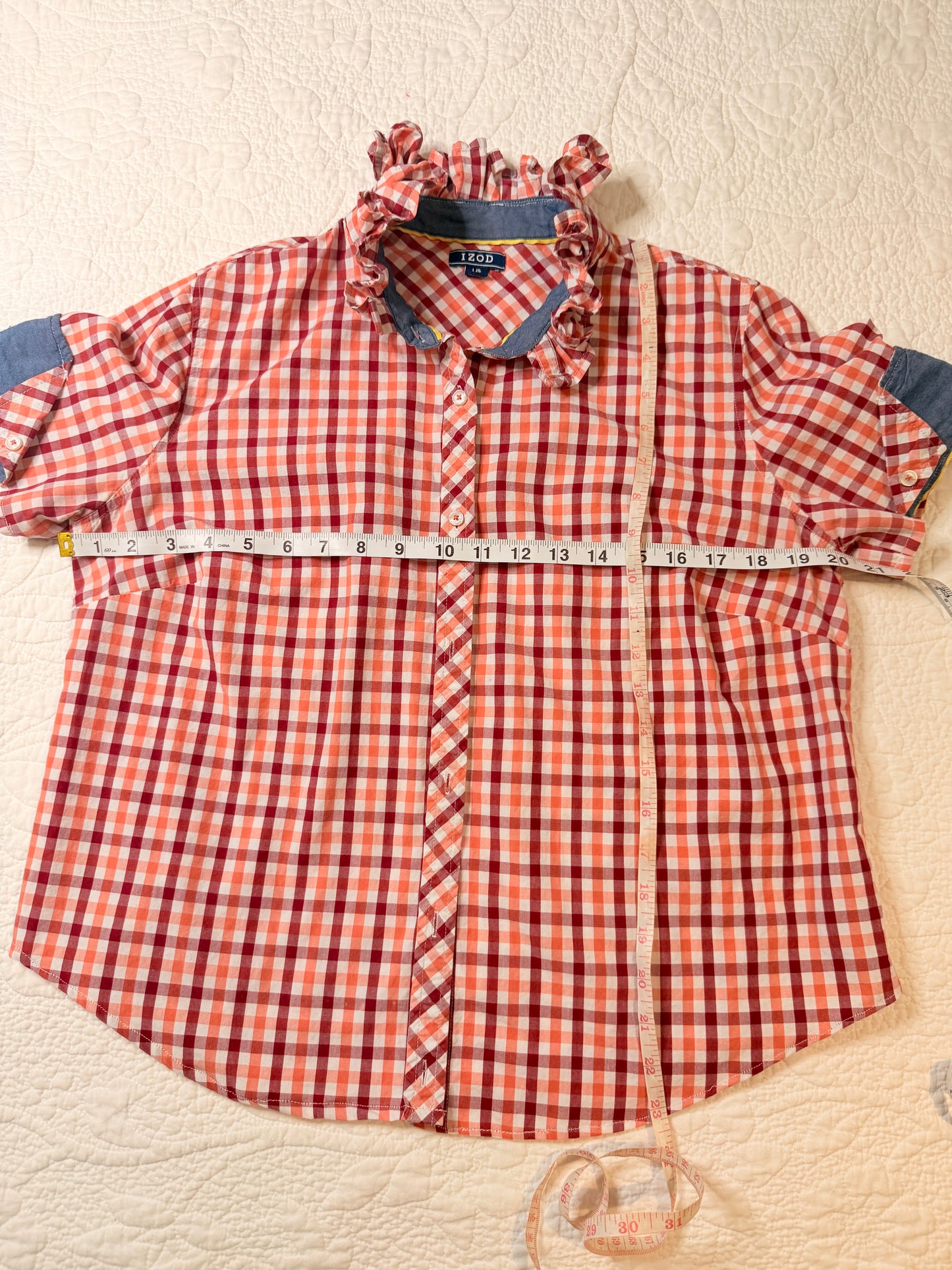 Reworked Red & Orange Plaid w/ Contrasting Cuff Sleeves Izod Button Down