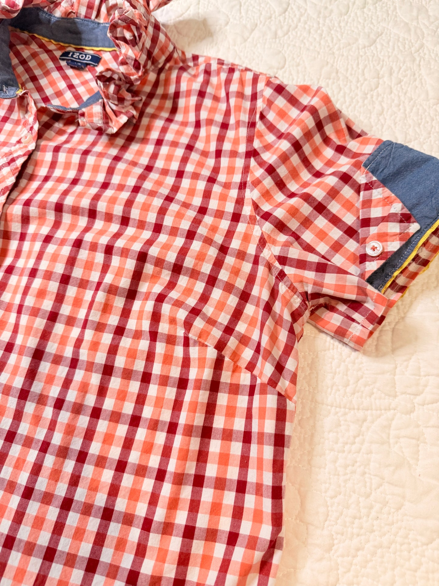 Reworked Red & Orange Plaid w/ Contrasting Cuff Sleeves Izod Button Down
