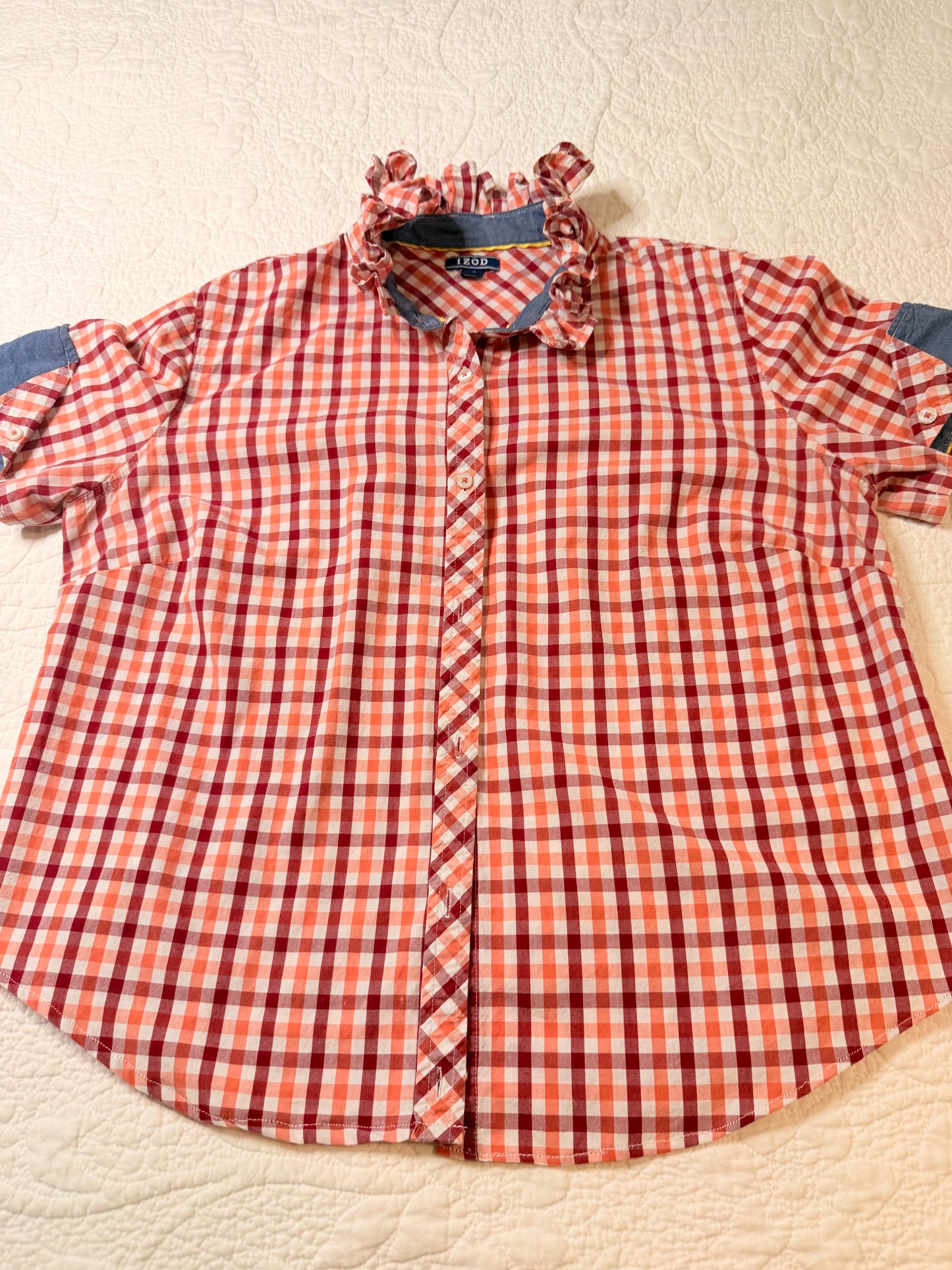 Reworked Red & Orange Plaid w/ Contrasting Cuff Sleeves Izod Button Down