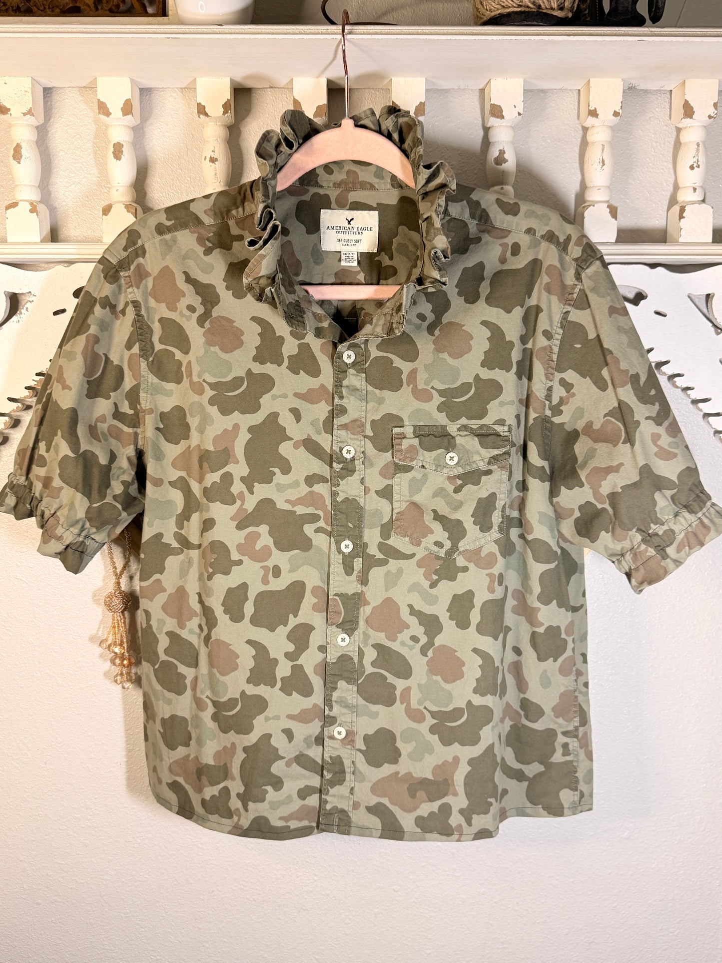 Upcycled Vintage Camo Button-Down Shirt with Ruffle Collar & Handmade Americana Flag | One of a Kind | Size M