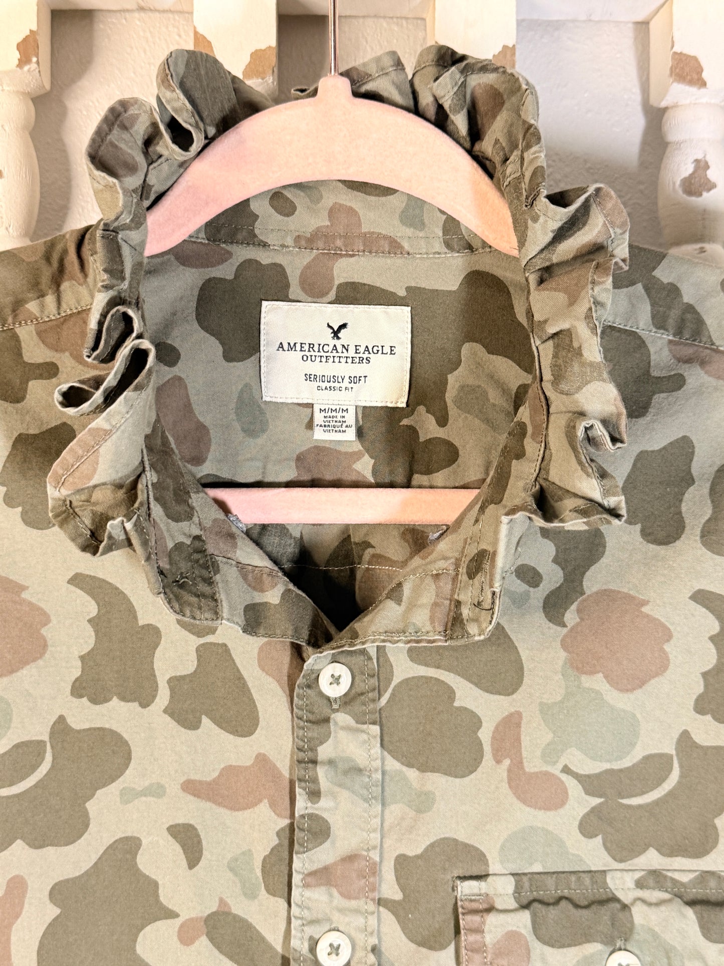 Upcycled Vintage Camo Button-Down Shirt with Ruffle Collar & Handmade Americana Flag | One of a Kind | Size M