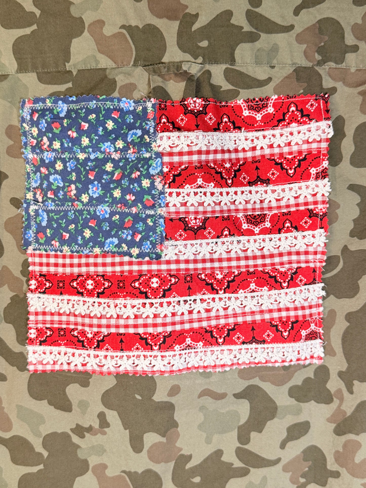 Upcycled Vintage Camo Button-Down Shirt with Ruffle Collar & Handmade Americana Flag | One of a Kind | Size M