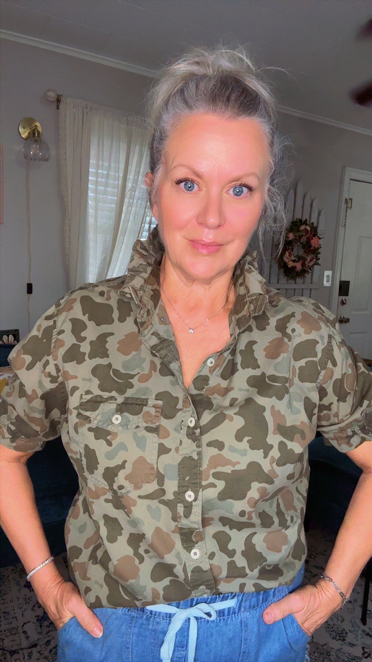 Upcycled Vintage Camo Button-Down Shirt with Ruffle Collar & Handmade Americana Flag | One of a Kind | Size M