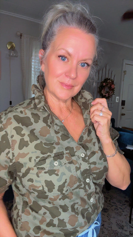 Upcycled Vintage Camo Button-Down Shirt with Ruffle Collar & Handmade Americana Flag | One of a Kind | Size M