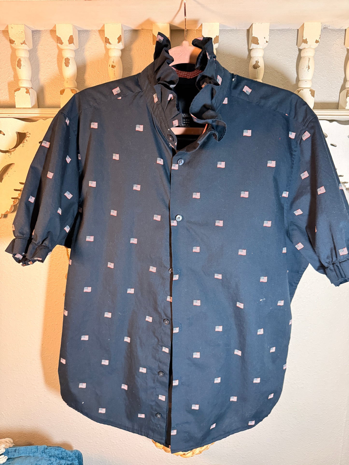 Reworked Navy H&M American Flag Button Down with Americana Flag